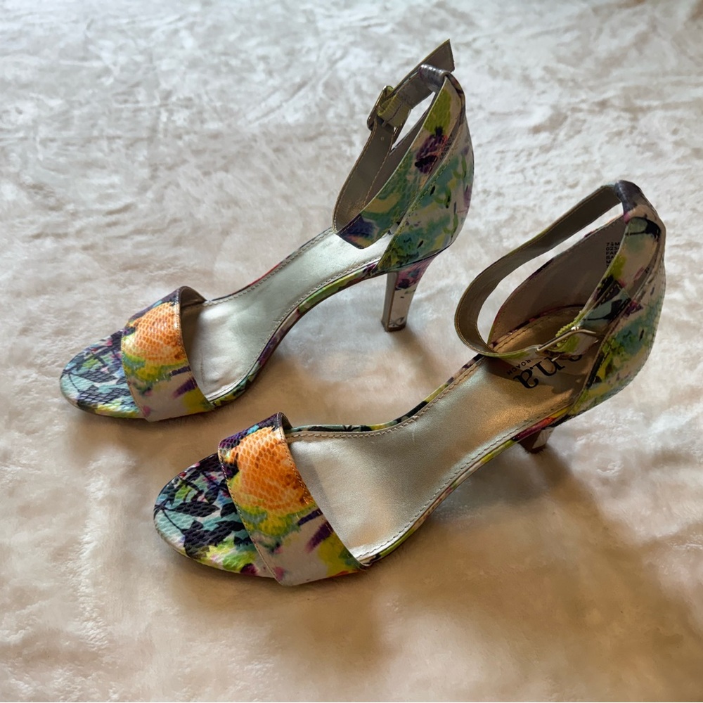 a.n.a. Size 7.5 Multicolored, Floral, Heeled Sandals. 2.75-3” Heel. Ankle Strap.